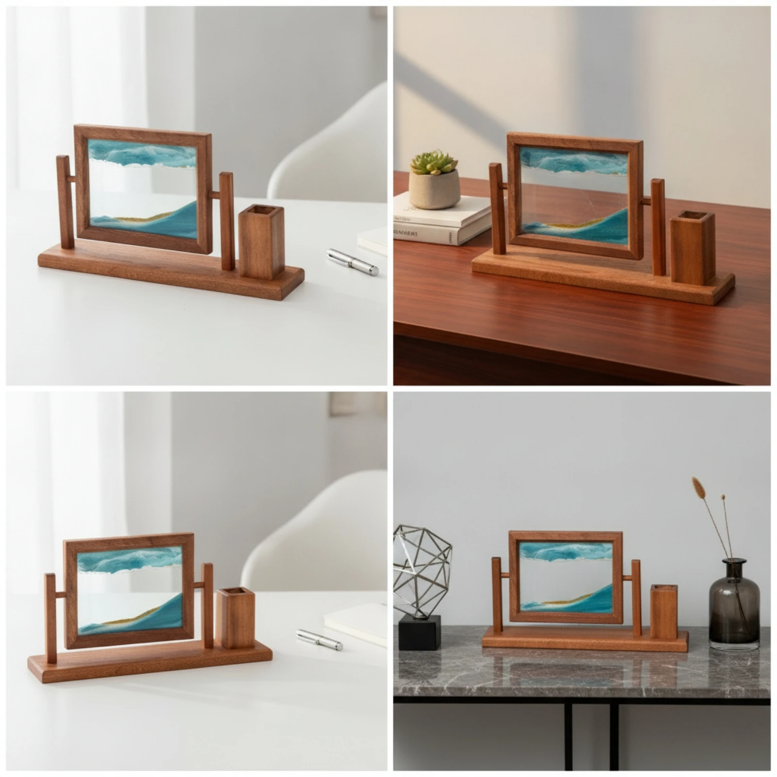 Sand Art Frame with Pen Holder Wooden Rotating Sand Art Frame Sandscape Relaxing Decor Calming for Professionals, Office, Study