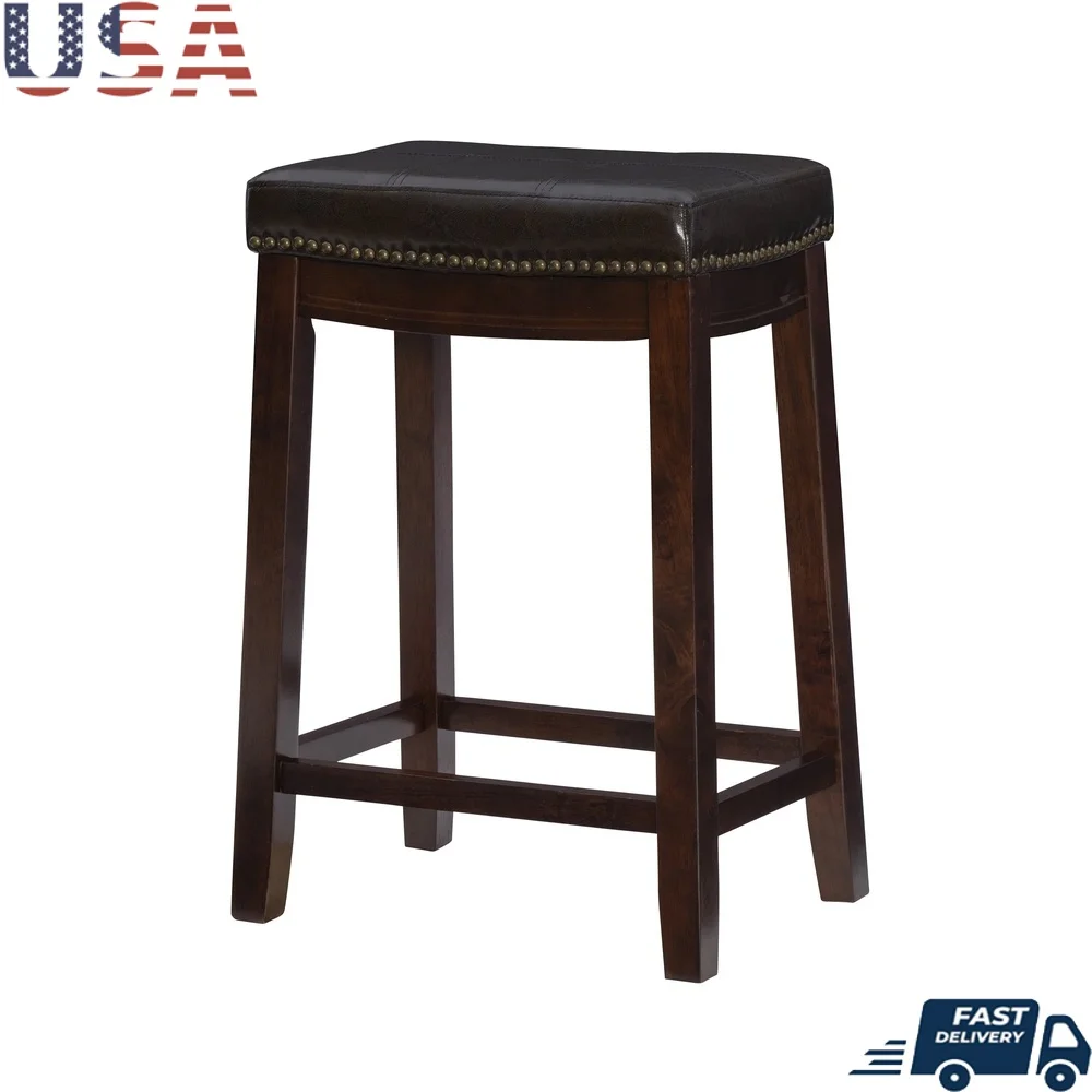 

Backless Counter Stool Faux Leather Cushioned Saddle Seat Solid Wood Frame Antique Brass Trim Footrest Space Saving Durable