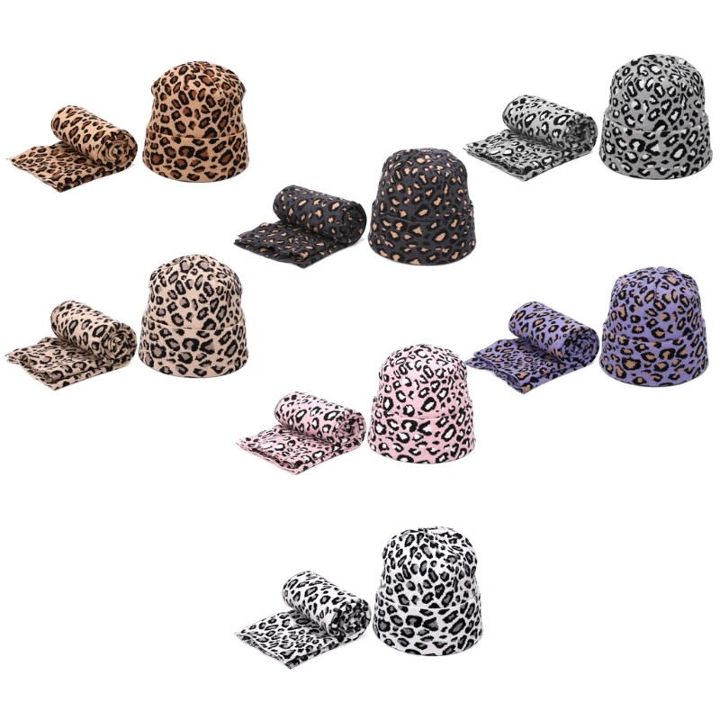 

2pcs Winter Women Wool Beanie Hat Scarf Set Leopard Printing Spots Sexy Outdoor Warm Hedging Caps for Girls