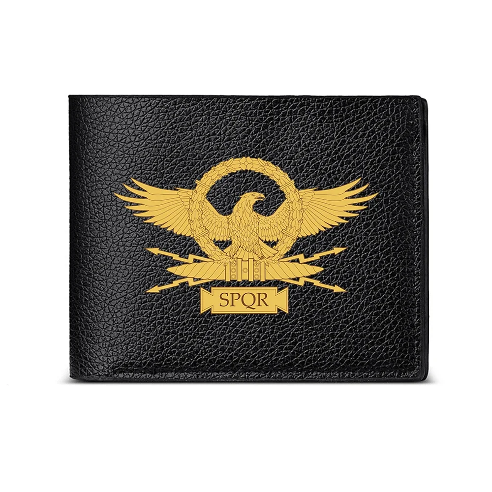 Eagle With Spread Wings And Spqr Emblem On Black Wallet For Men Casual Business Fashion Style