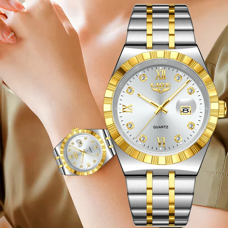 

LIGE Роскошные женские часы с бриллиантами, водонепроницаемые светящиеся женские часы с датой, светящиеся кварцевые женские часы из нержавеющей стали