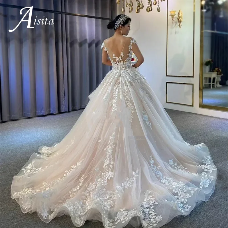 Modesto laço o-pescoço vestido de casamento 2025 uma linha sem mangas rendas apliques vestidos de noiva sem costas elegante ilusão vestidos de casamento