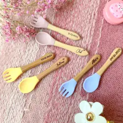 Custom Name Silicone Baby Cutlery Set with Wooden Handle, Personalized Engraved Baby Spoon Fork Custom Baby Shower Gift for Kids