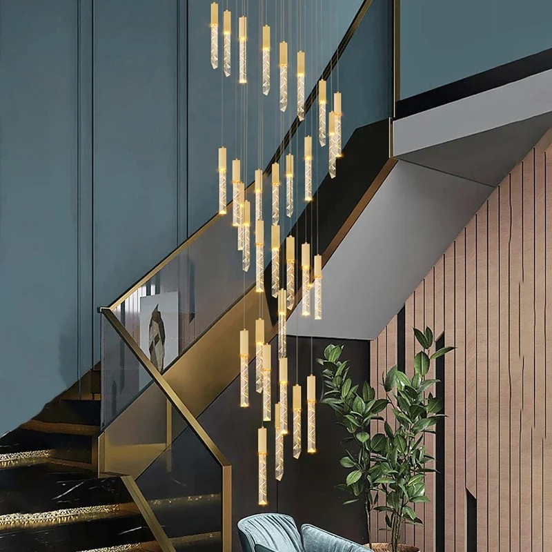 Crystal Stair Pendant Lamp Modern Gold Lighting Fixture Ceiling Hang Pendant Lamp Luster Indoor Villa Loft Staircase Chandelier