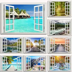 Maldives Beach 3D Window Effect Landscape Poster Print Northern Lights Forest Lake Wall Art Canvas Painting for Room Home Decor