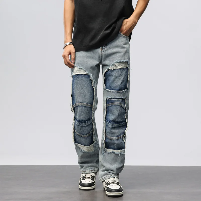

647 Spring style American high-end hip-hop retro stitching high street loose and versatile casual straight-leg personality jeans