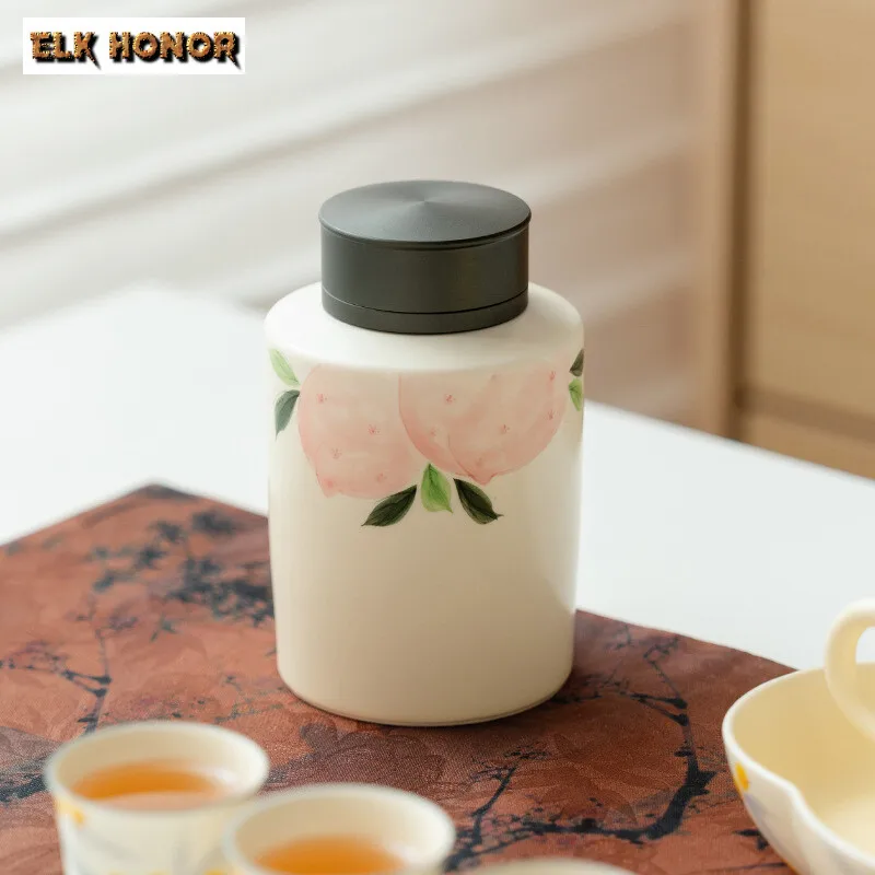 Pure Hand-painted Longevity Peach Ceramic Tea Jar Powder Yin Straight Body Moisture-proof Tea Storage Sealed Box Hermetic Pots