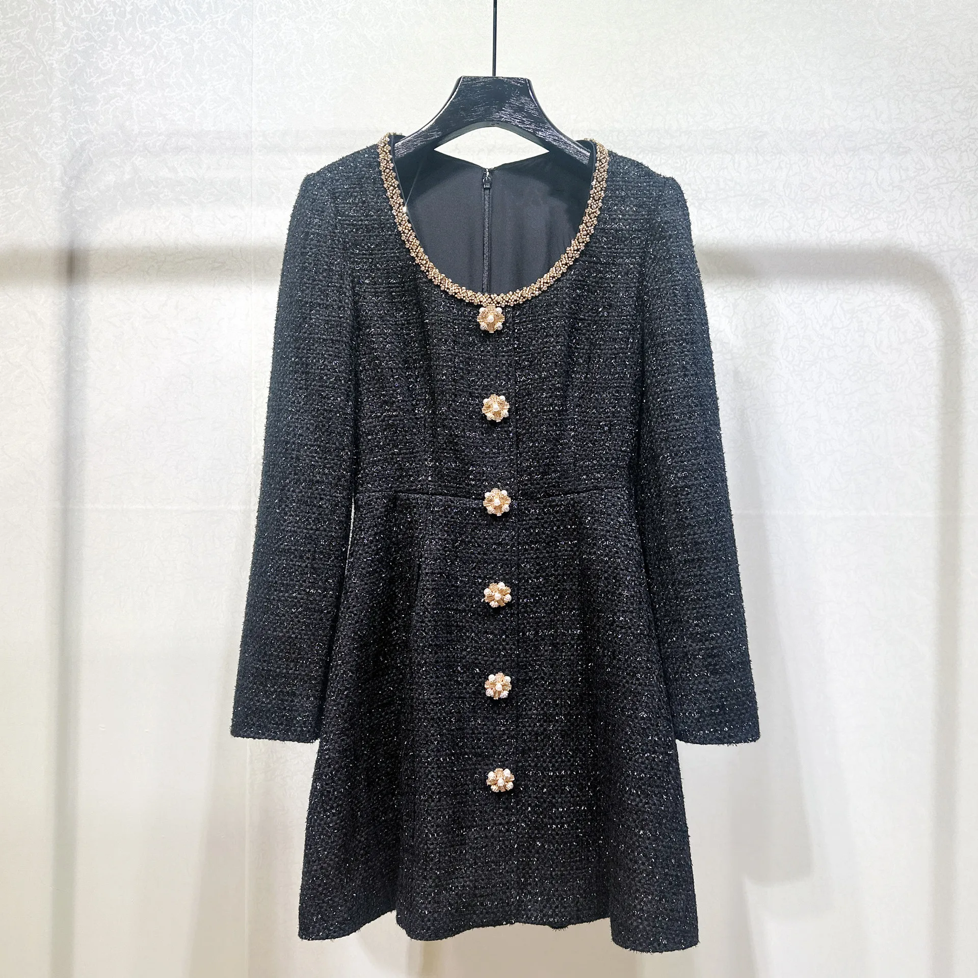 

Women Black Tweed Dress Pearl Buttons Bead Trim O-Neck Long Sleeve High Waist Elegant Mini Robe