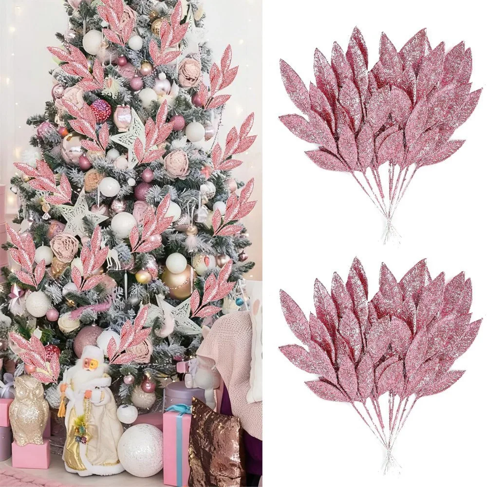 3/12 Stück Rosa Glitzernde Blätterzweige Künstliche Stiele für Weihnachtsbaum DIY Kranz Hochzeitstisch-Dekoration Winterparty-Deko – Detail 1