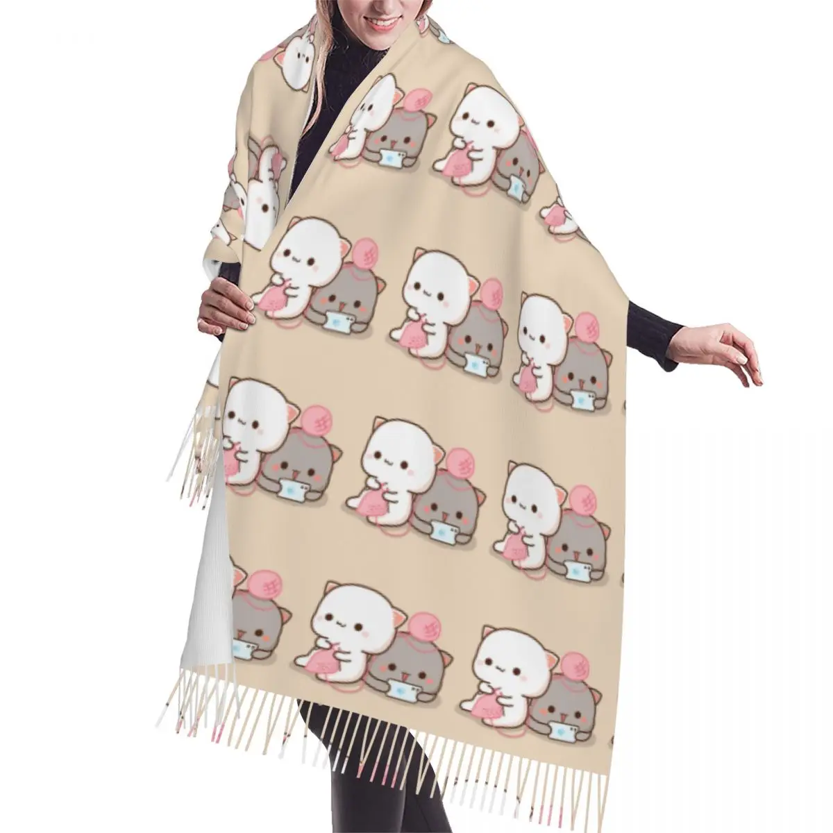 Custom Print Cartoon Couple Peach And Goma Mochi Cat Scarf Women Men Winter Fall Warm Scarves Fashion Versatile Shawls Wraps