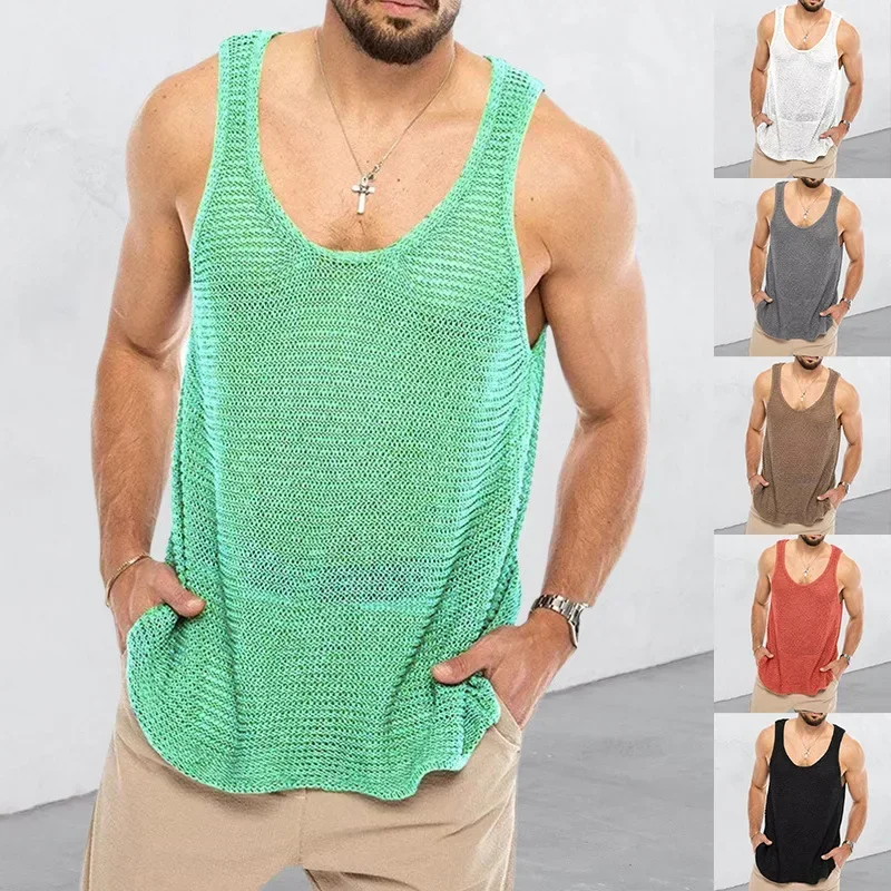 

Fashion Summer Men's Casual Top Tank Top Sleeveless Knitted Solid Color Sweater Male Tank Top