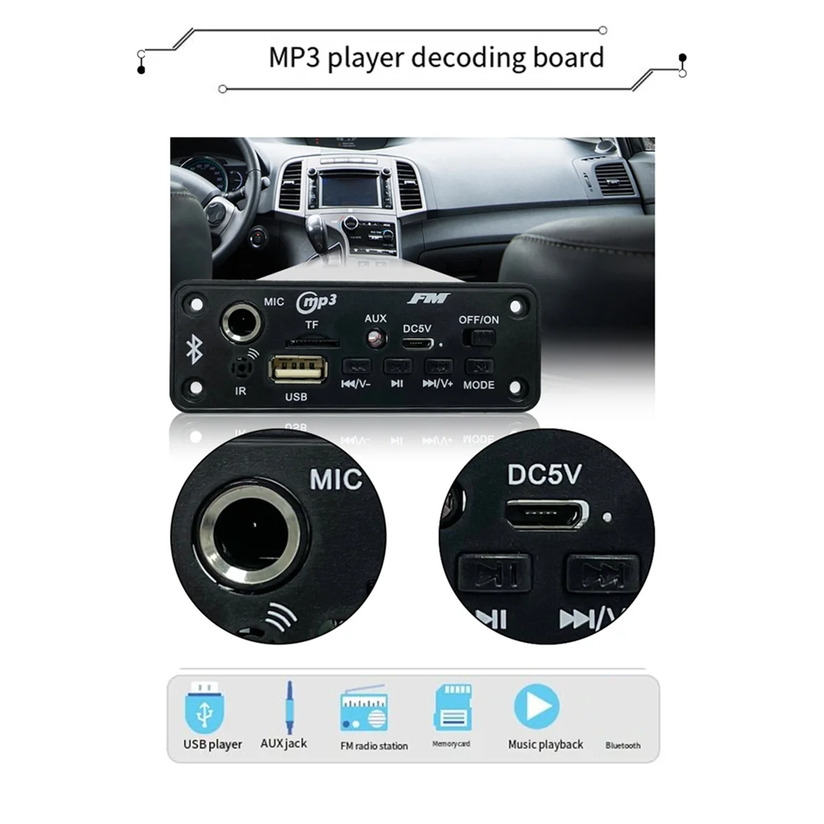 Nuevo amplificador Bluetooth 3C-2x5W, placa decodificadora de MP3, reproductor Mp3 para coche, recarga de módulo de Radio FM, micrófono, amplificador USB TF
