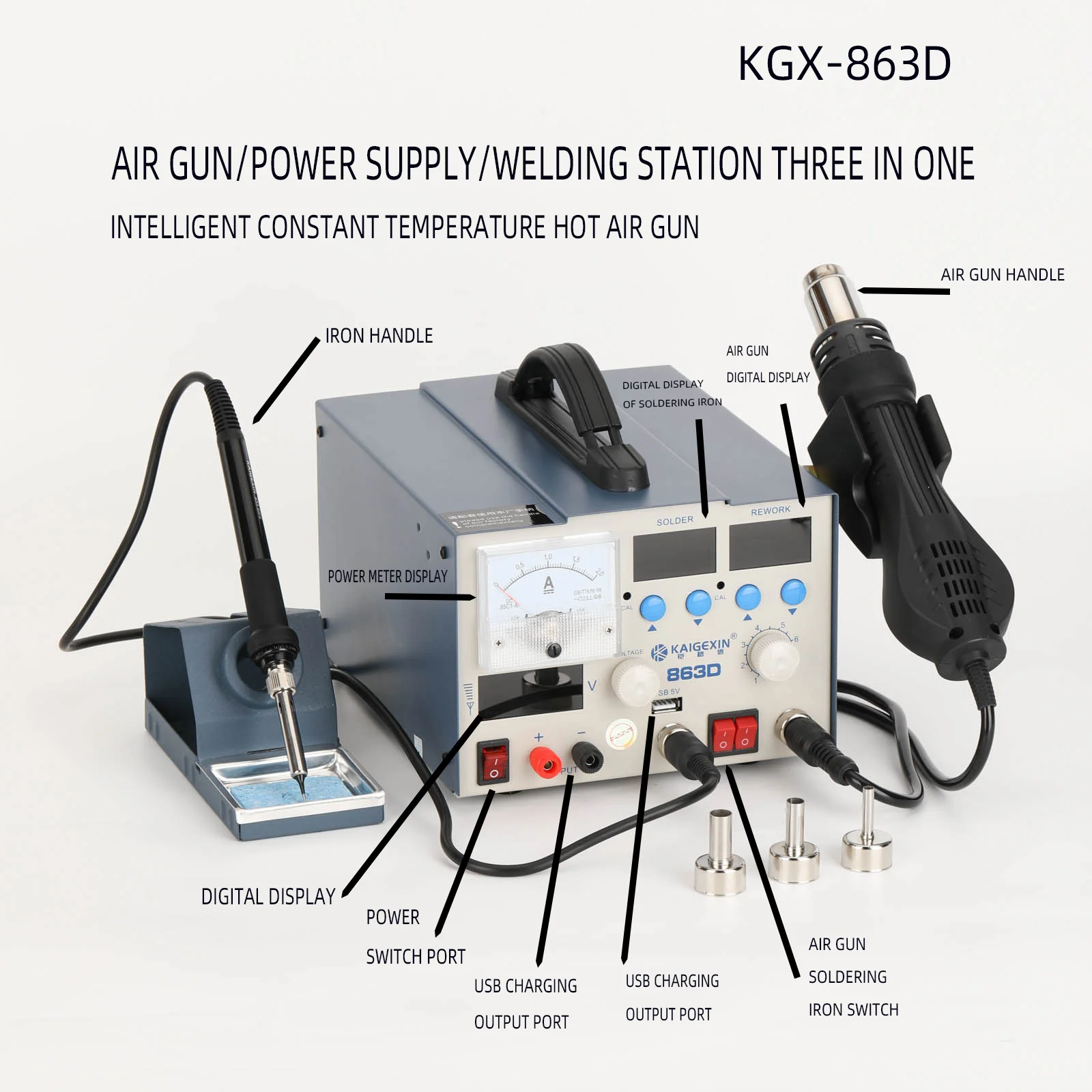 KGX-863D Soldering Station, Quick Heat, 3 in 1, Heat Gun, LED Display, Solder Iron, BGA Rework Welding Station