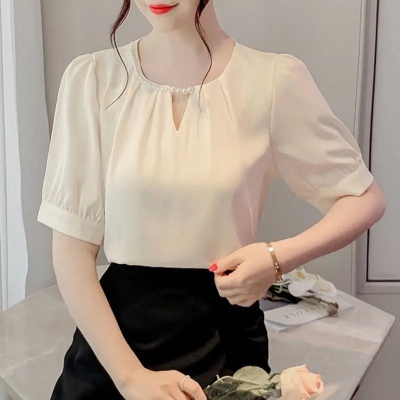 Women Summer French Fashion Diamonds Solid Color Satin V-neck Short Sleeve Shirts Women Clothes Office Lady All-match Trend Tops