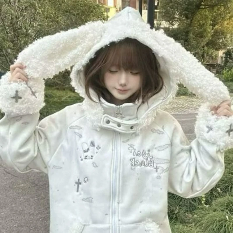 Vintage Punk Cartoon Embroidery Hoodies Women Harajuku Cute Plush Patchwork Rabbit Ears Hooded Hoody Y2k Loose ​warm Sweatshirts