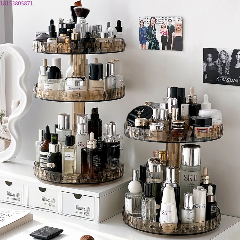 Rotating cosmetic organizer tabletop shelf bathroom lipstick perfume display rack acrylic