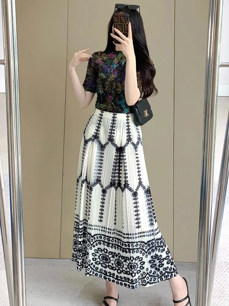 Miyake Falda plisada de estilo étnico Retro para mujer, novedad de verano, falda larga versátil adelgazante con estampado de cintura alta