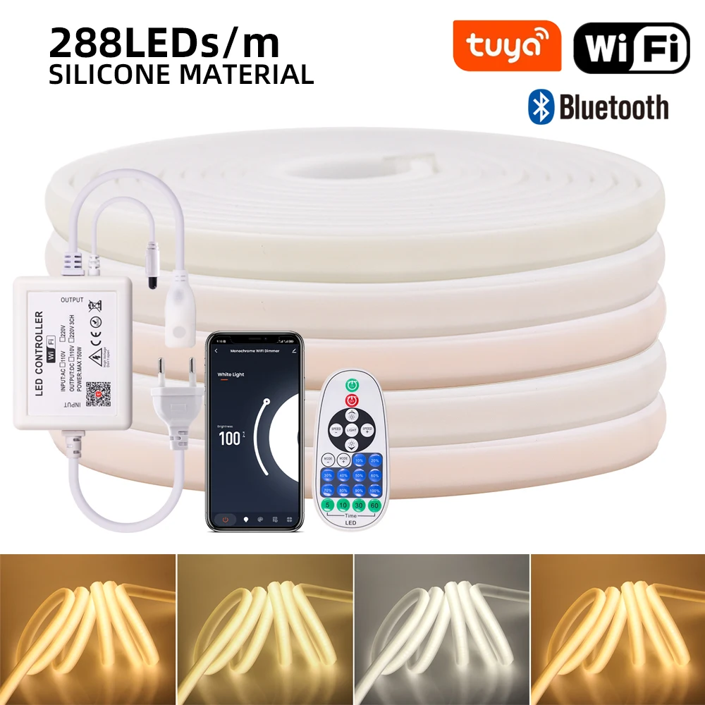 WIFI Bluetooth COB taśma neonowa 220V możliwość przyciemniania 288 diod/m elastyczna taśma wstążkowa IP67 wodoodporne zewnętrzne światła LED pilot