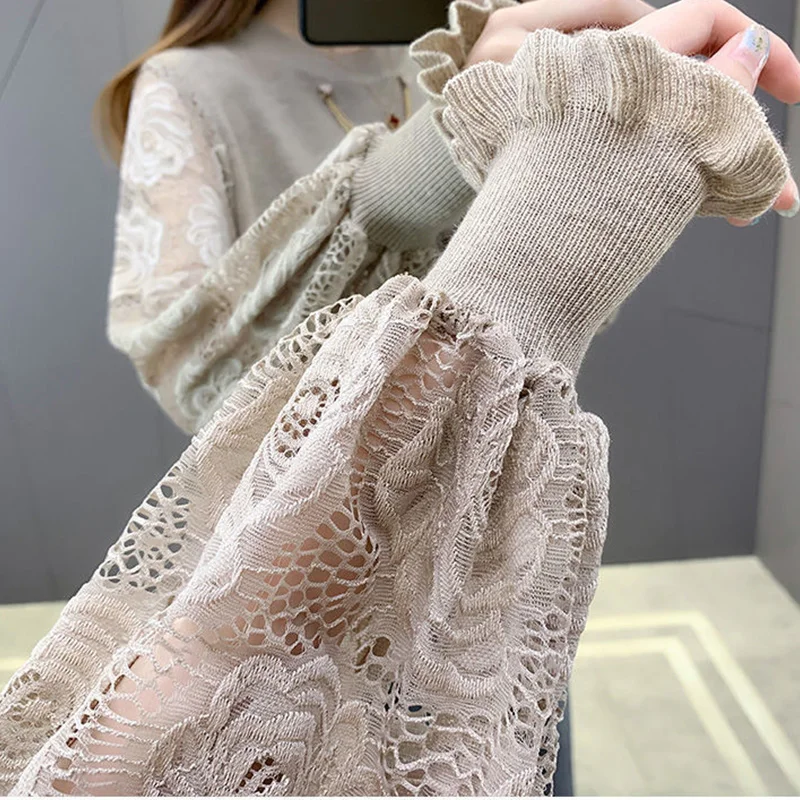 Autumn Winter O Neck Lace Jacquard Patchwork Elegant Fashion Sweaters Women Loose Casual Chain Pullover Korean All-match Jumper