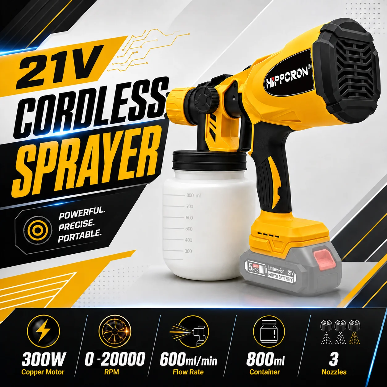 hippcron-hvlpコードレス電動ペイントスプレーヤー-ハンドヘルドスプレーガン-800ml-20000rpm-300w-ブラシレス-マキタ18v対応-バッテリーなし-diy用