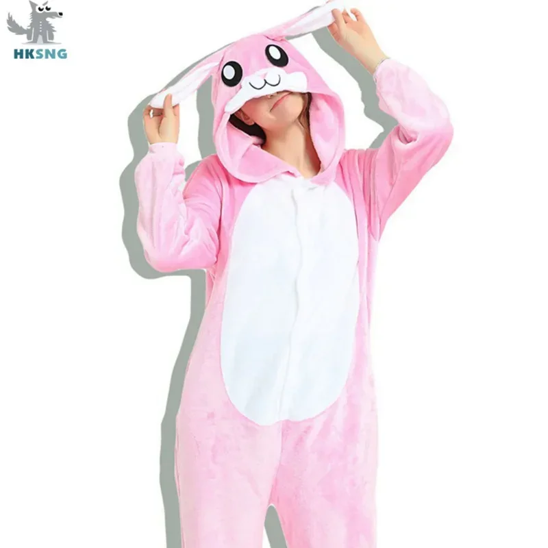 Hksng animal adulto 3d kigurumi coelho onesies flanela festa de família dos desenhos animados rosa azul coelho pijamas cosplay trajes pijamas