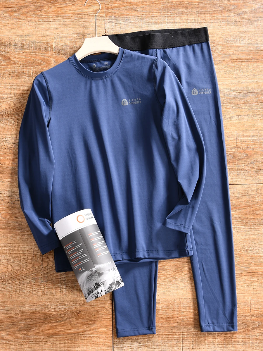 Men's Outdoor Sports Fleece Lined Thermal Set Breathable Warmth Long Sleeve round Neck Pure Color Polyester Spandex Blend