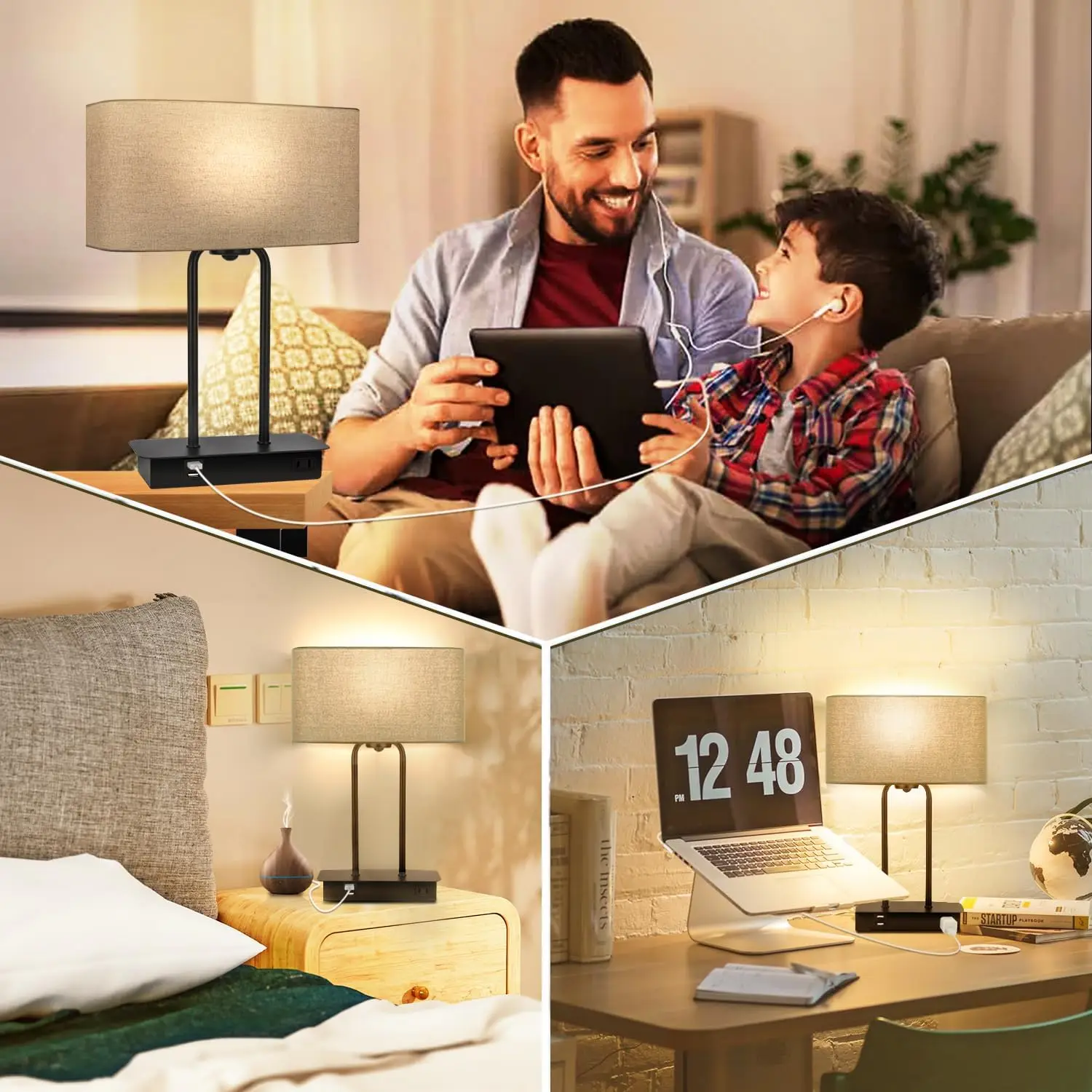 3-Way Dimmable Touch Table Lamp with USB & AC Outlet, Fabric Shade, Metal Base, LED Included, Warm White