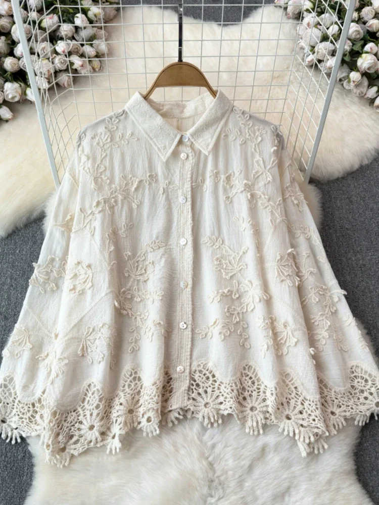 Fashion Elegant Blouses Hollow Out Jacquard Embroidery Long Sleeve Solid Color Shirts All Match Spring Autumn Women's Clothing