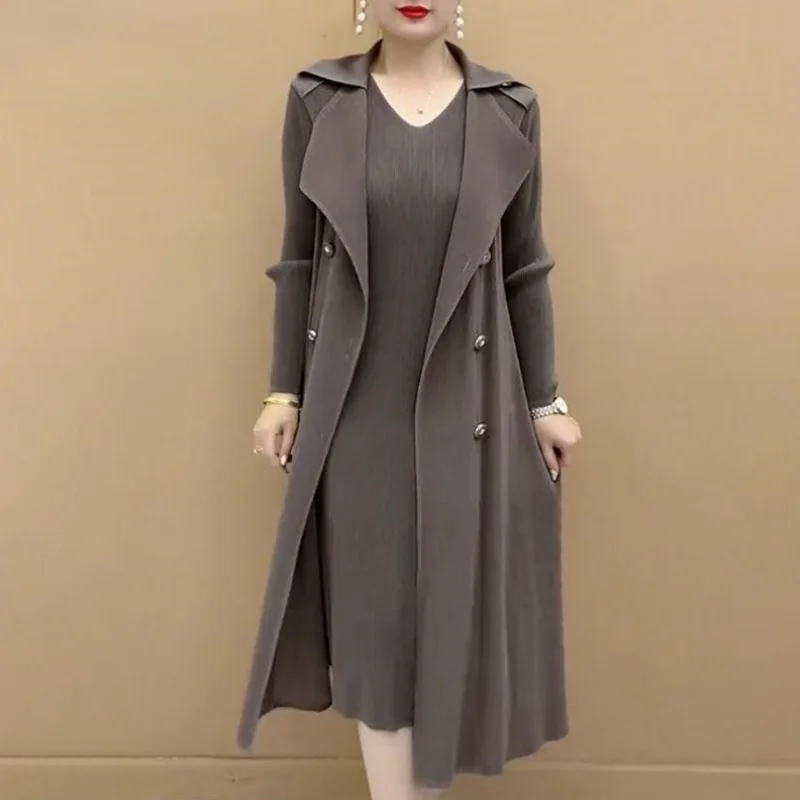 Fashionable Pleated Suit Collar Fake Two Piece Trench Coat 2024 Autumn Winter Waist Pleats Wind Dress Coat