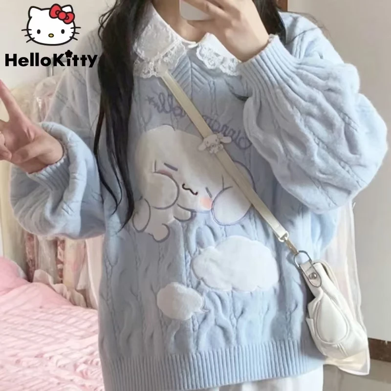 Sanrio Cinnamoroll Clothes Y2k V Neck Embroidery Knitted Sweater Women Japan Streetwear Sweet Top Sweaters Aesthetic Pullovers