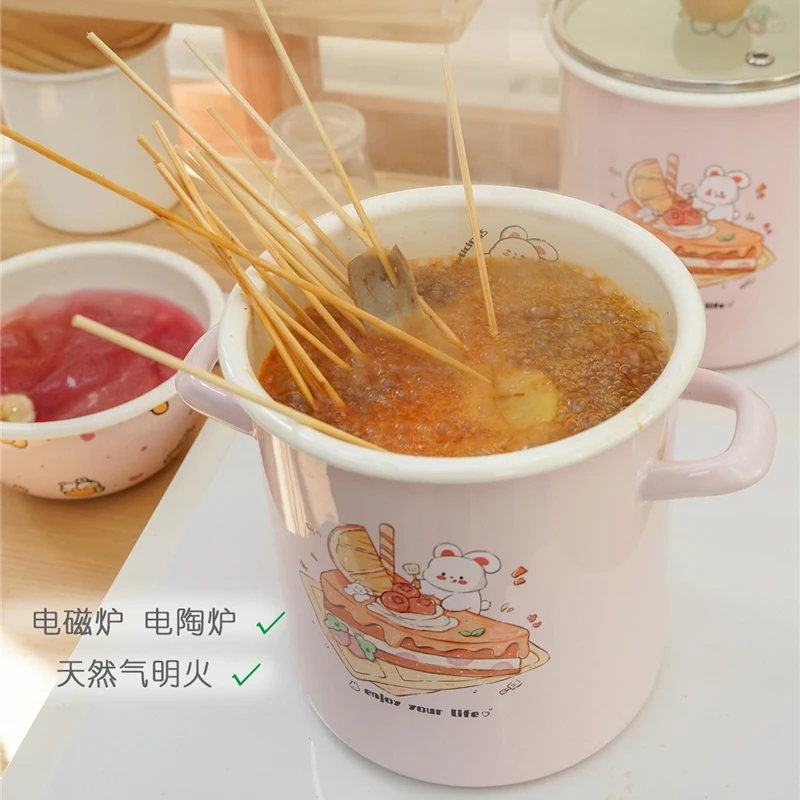 Pink Enamel Soup Pot Cute Rabbit 2.2L High Boiled Pasta Cooking Pot With Lid Stew Pot Home Kitchen Cookware Storage Bucket