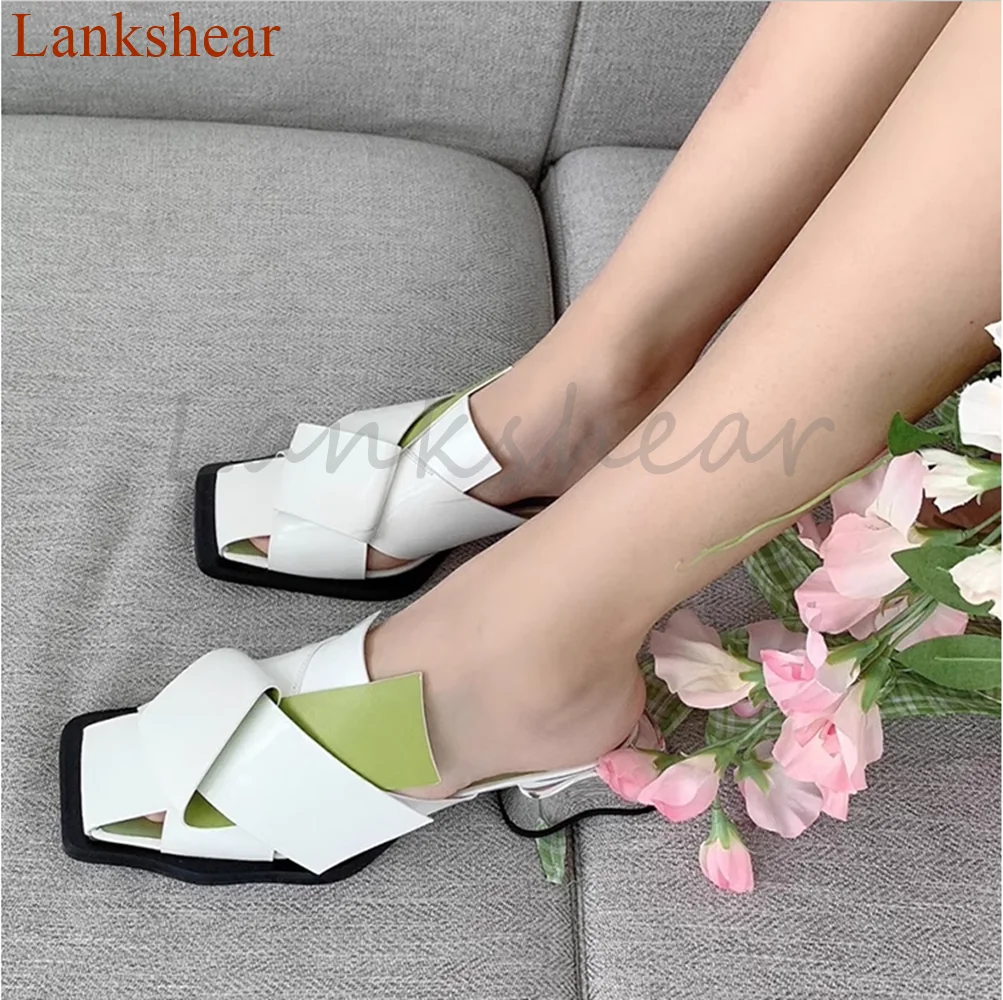 Pleated Square Toe Women Slippers Square Heel Retro Fashion Punk Summer Outwear Mixed Color Casual Hollow Women Shoes Newest