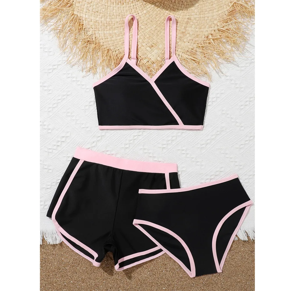 Girls 3pack Black Pink Bikini Sets with Shorts High Waist Swimsuit 7-12 Years Children's Swimwear 2026 Sports Bathing Suit Teens