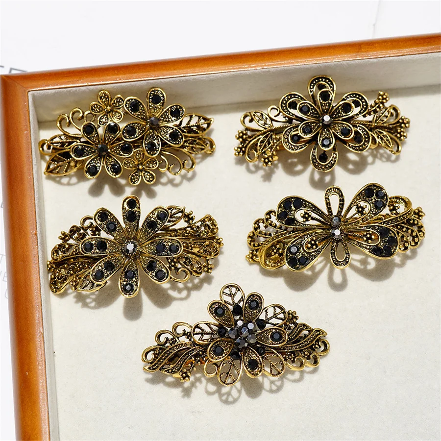 New Retro Elegant Gold Spring Clip Fashion Women\'s Flower Rhinestone Small Metal Alloy Hair Clip Hair Accessories Wholesale