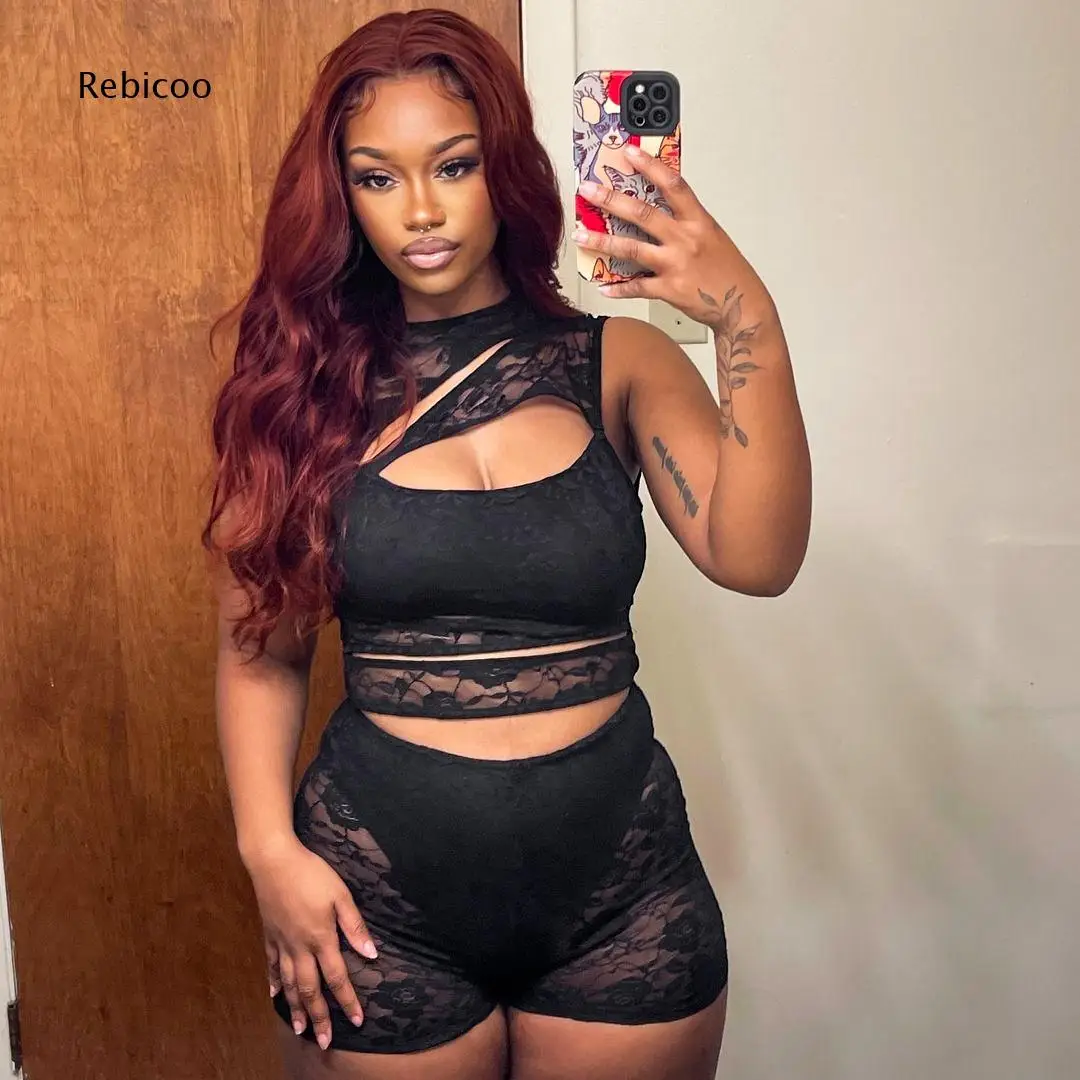 Ladies Lace Cutout Two Piece Suit Sleeveless Asymmetric Neck Crop Top And High Waist Shorts For Bar And Theme Party Wear
