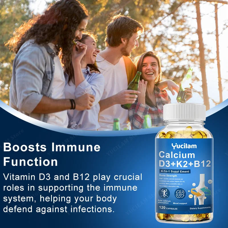 Vitamin D3 + K2 + B12 Calcium Capsule Daily Vitamin Supplement Supports Healthy Bones & Muscles & Heart & Energy & Mood Function