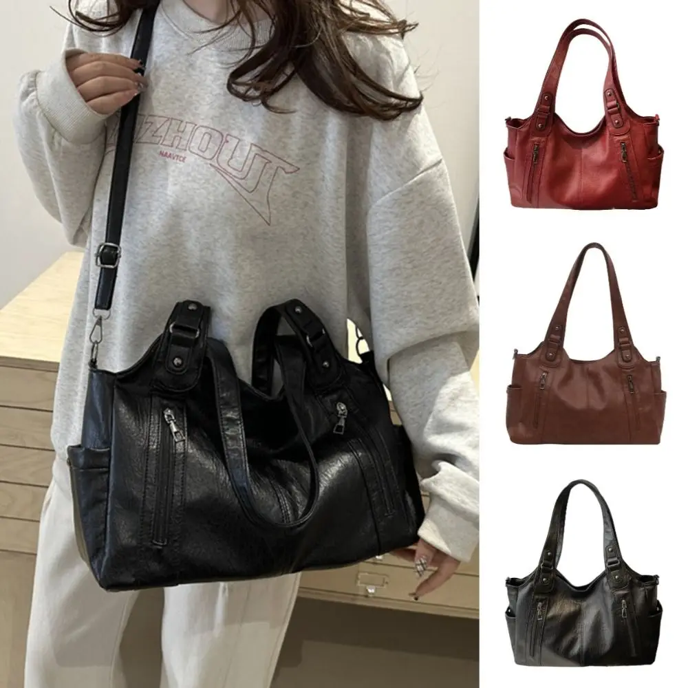 

Casual Retro PU Shoulder Bag Large Capacity Locomotive Style Commuting Handbag Solid Color Soft Underarm Tote Bag Travel