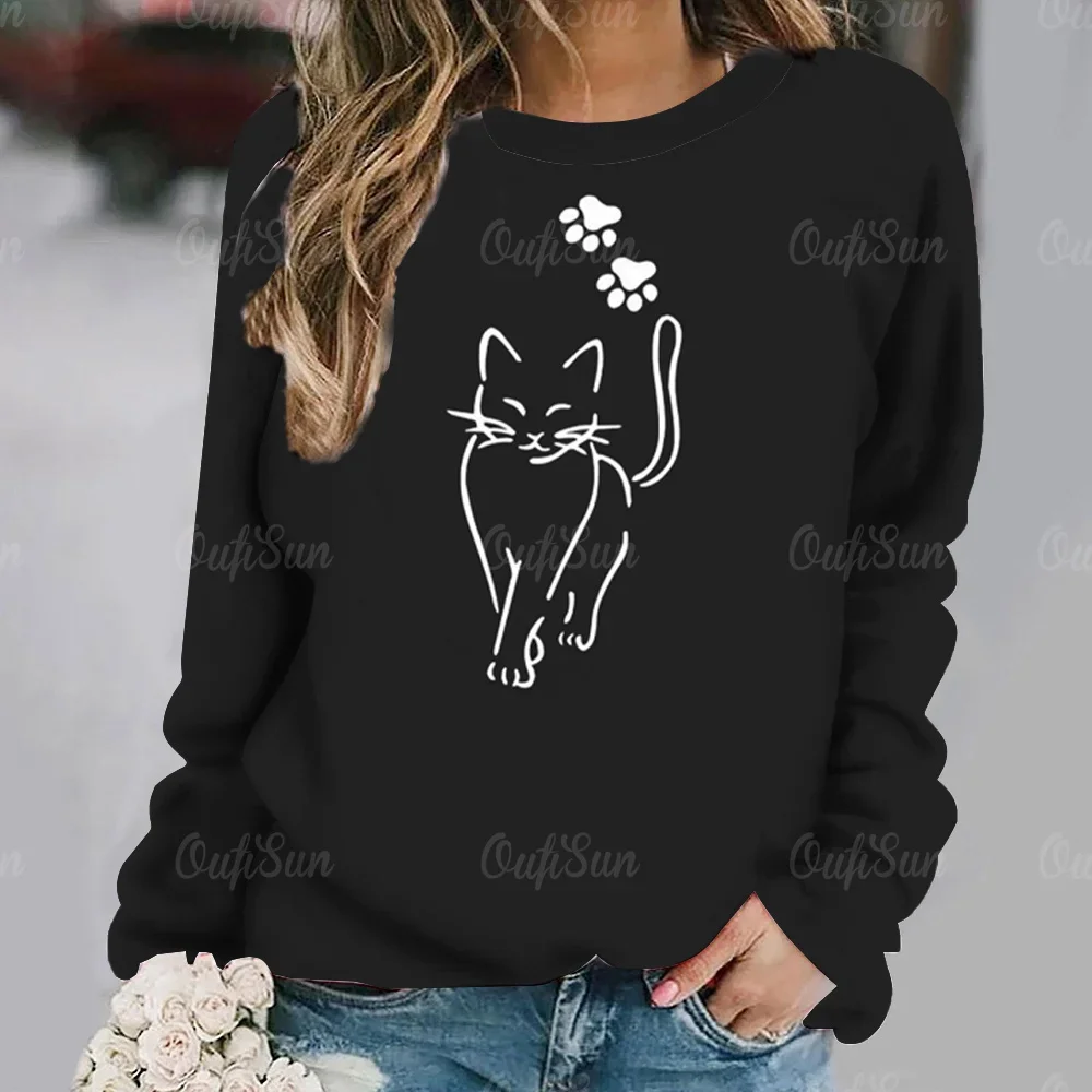 Anime Cat Printed Women\'s T-shirt Vintage Style Sweater Cotton O-neck Y2k Long Sleeve Ladies Clothing Oversized Street Pullover