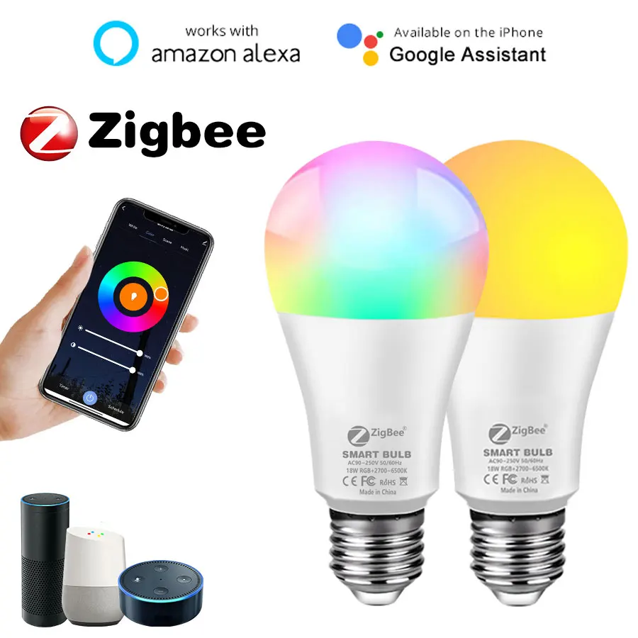 

Zigbee Tuya Smart Light Bulb E27 12W 15W 18W Intelligent LED Lamp Voice Control Alexa Google Assistant RGBCW 85-265V Dimmable