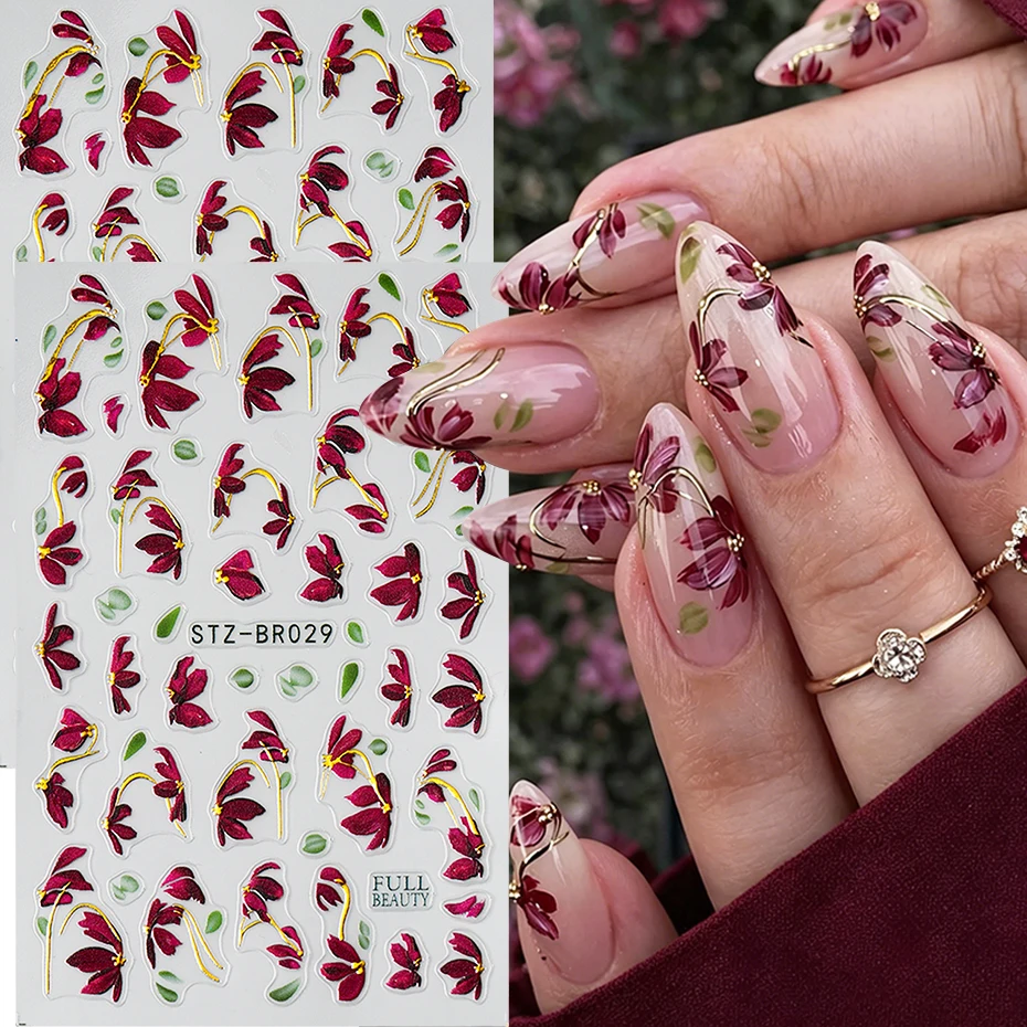 2pcs Wine Red Flowers Nail Stickers Elegant Bronzing Florals Leaves with Golden Lines Accents Nail Decals for Autumn Nail Decor