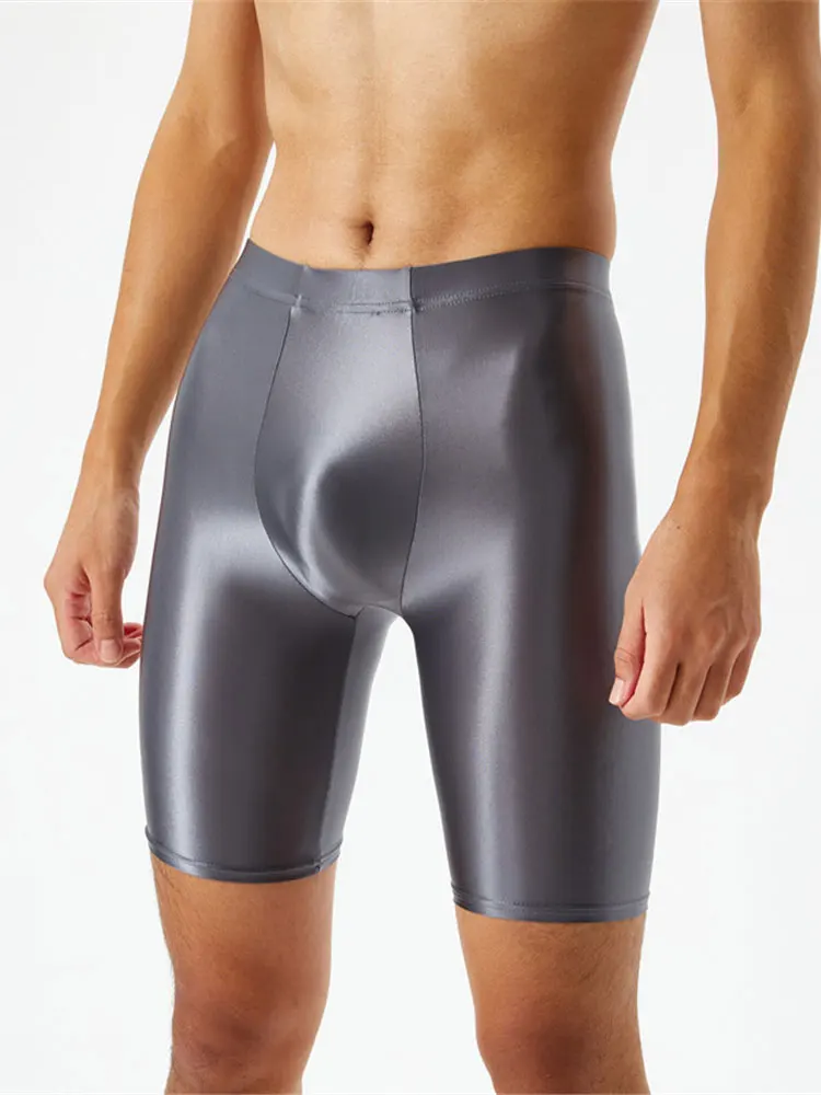 Sexy Men Oil Shiny Fitness Shorts Quick Dry Elastic Short Pants Sheer See Through Trunks Shiny Plastic Breathable Underwear Gay