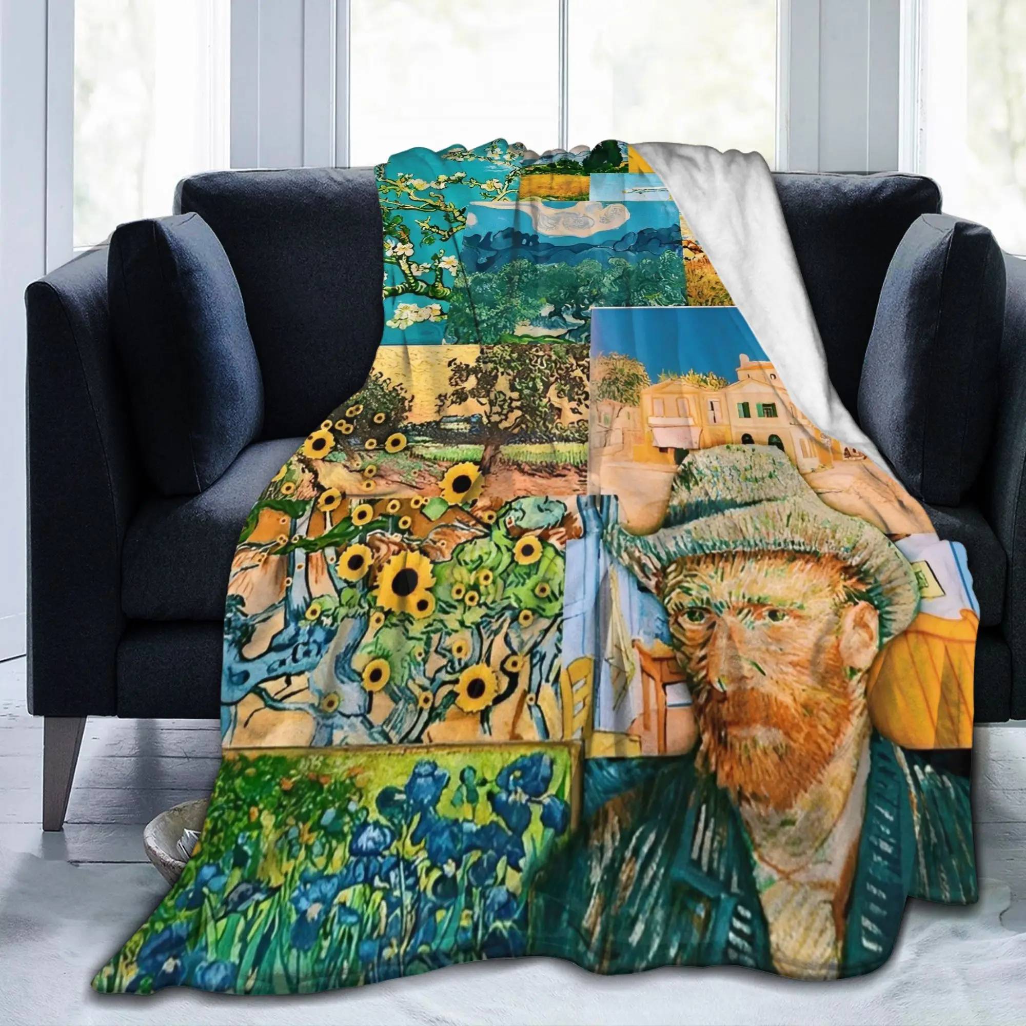 Van Gogh Art Oil Paintings Wool Blankets Sunflowers Starry Night Novelty Throw Blanket for Home Hotel Sofa Warm