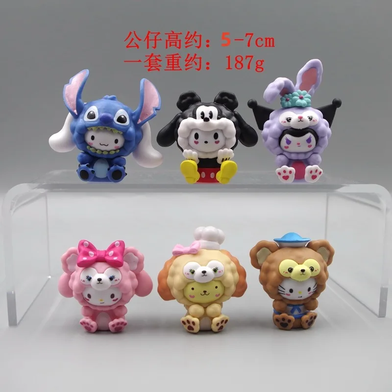 6 stks/set Sanrio Hello Kitty Cos Stitch Model Leuke Transformatie Mickey Hanger Kuromi Cartoon Pop Ornament Kids Geschenken