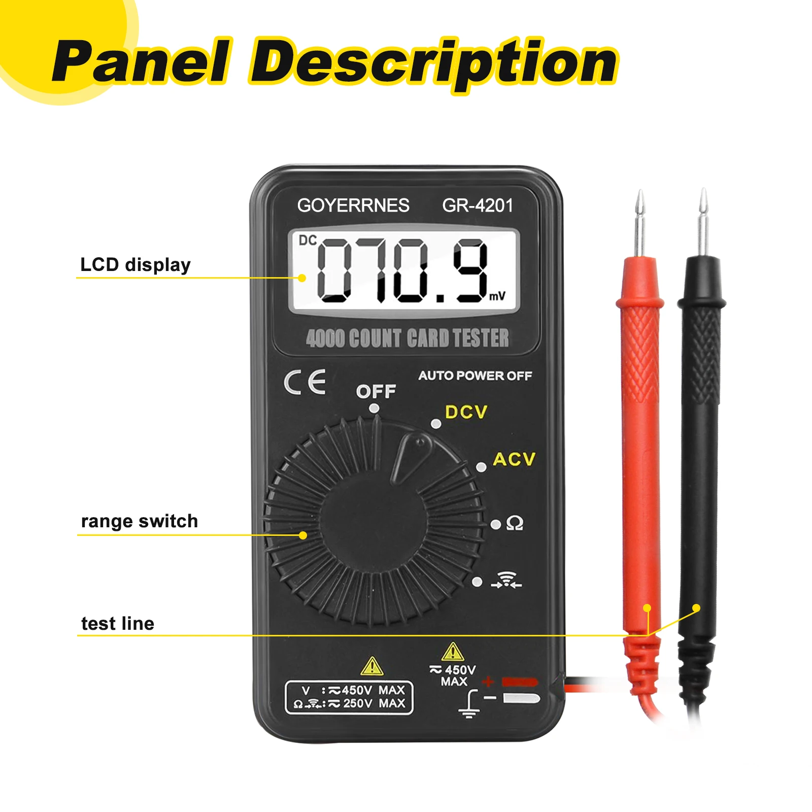 Pocket Digital Multimeter-4000 Counts, Auto Range, AC/DC Voltage up to 450V, Resistance, Diode Test, Continuity Buzzer HP-4201