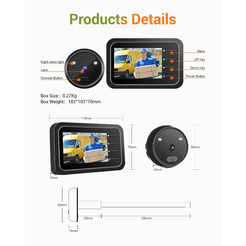 Escam-timbre de mirilla de vídeo C22, cámara con ojo de vídeo, grabación automática, anillo electrónico, vista nocturna, visor de puerta Digital, seguridad del hogar