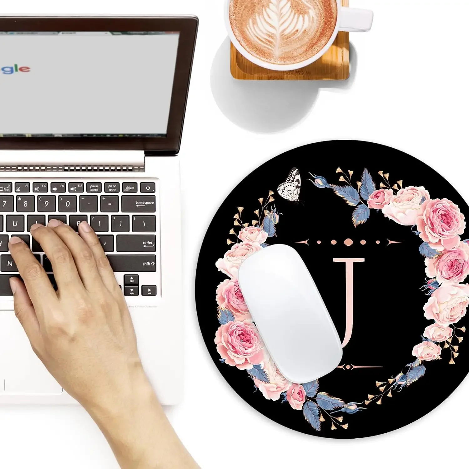 Mouse pad 1pc Rectangular gaming mouse Letter J Black and Pink Flowers Round Mouse Pad, Funny Small Mouse Mat with Non-Slip