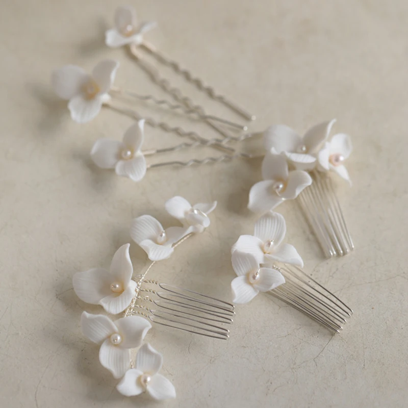 INS Porcelain Flower Bridal Hair Combs Pins Wedding Piece Handmade Freshwater Pearls Women Jewelry Girls Headpiece