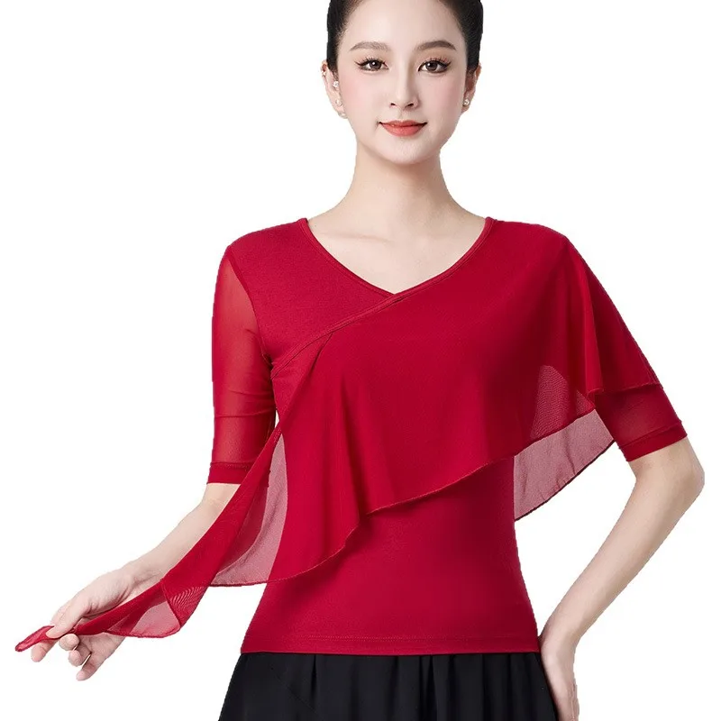 Nuovo top da ballo latino e da sala slim fit con gonna di media lunghezza Abbigliamento da pratica per donna Ginnastica per adulti e abbigliamento da pattinaggio di figura