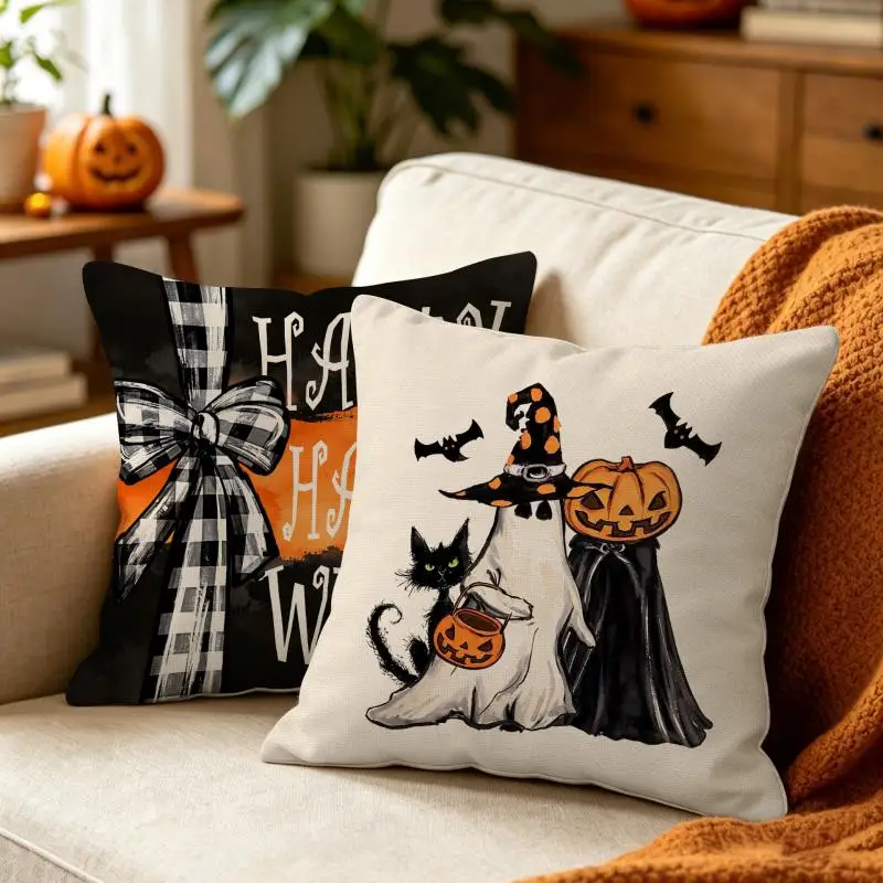 2 Stück Halloween Lustige Kissenbezüge für Zuhause, Feiertagsdekoration, Bedruckte Kissenhüllen, Trick-or-Treat Kissenbezüge 45x45cm – Detail 4