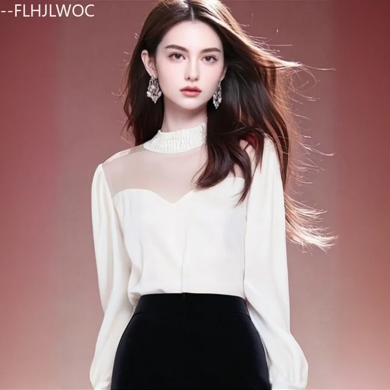 

Лоскутные топы с высоким воротником, блузки, модные женские осенне-зимние базовые однотонные милые шикарные корейские белые рубашки из прозрачной сетки с длинными рукавами